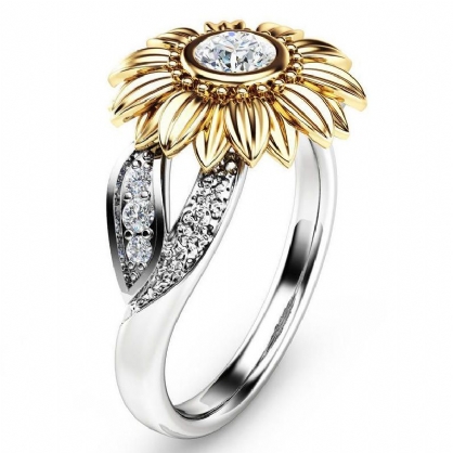 Anillo De Platino De Hoja Hueca De Girasol De Oro Con Incrustaciones De Circonio Vintage Regalo Para Ella