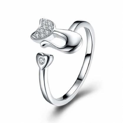 Anillo De Tendencia De Moda Chapado En Plata Gato Romántico Corazón Apertura Anillos De Dedo Ajustables Para Mujeres