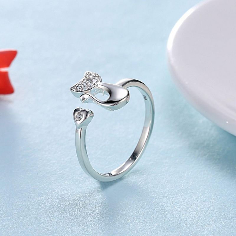 Anillo De Tendencia De Moda Chapado En Plata Gato Romántico Corazón Apertura Anillos De Dedo Ajustables Para Mujeres