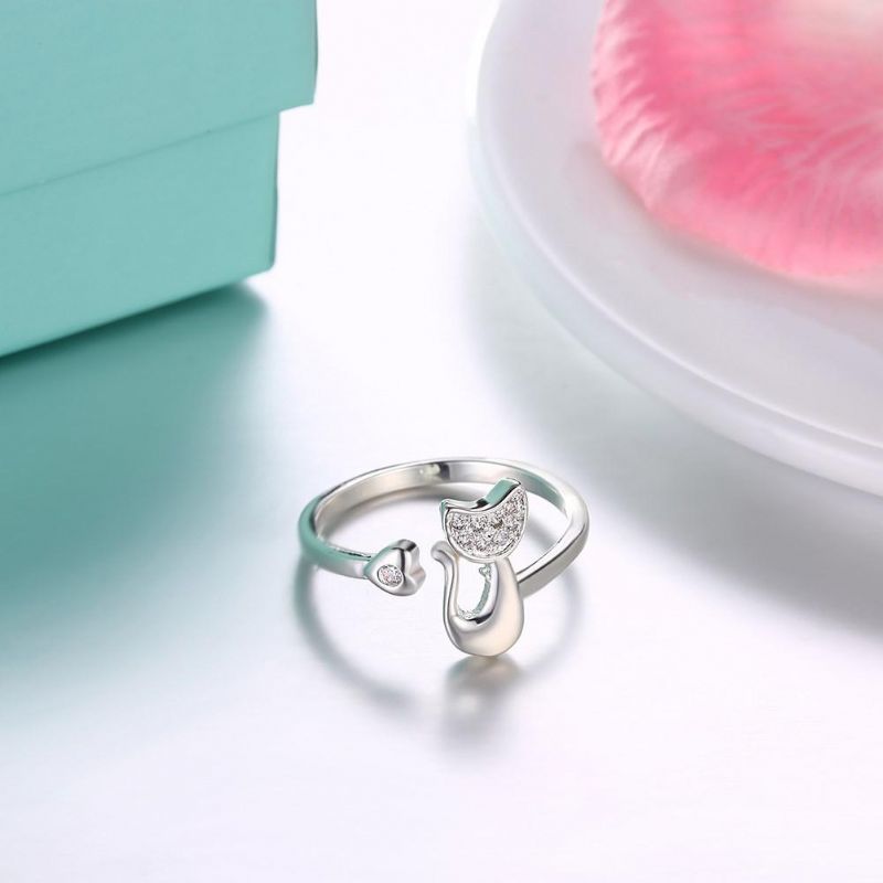 Anillo De Tendencia De Moda Chapado En Plata Gato Romántico Corazón Apertura Anillos De Dedo Ajustables Para Mujeres