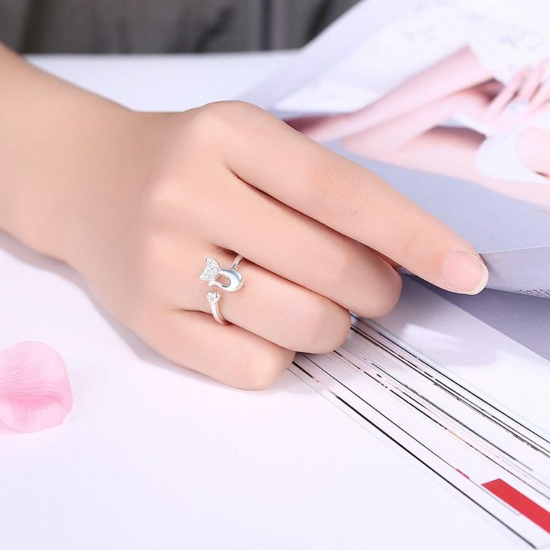 Anillo De Tendencia De Moda Chapado En Plata Gato Romántico Corazón Apertura Anillos De Dedo Ajustables Para Mujeres