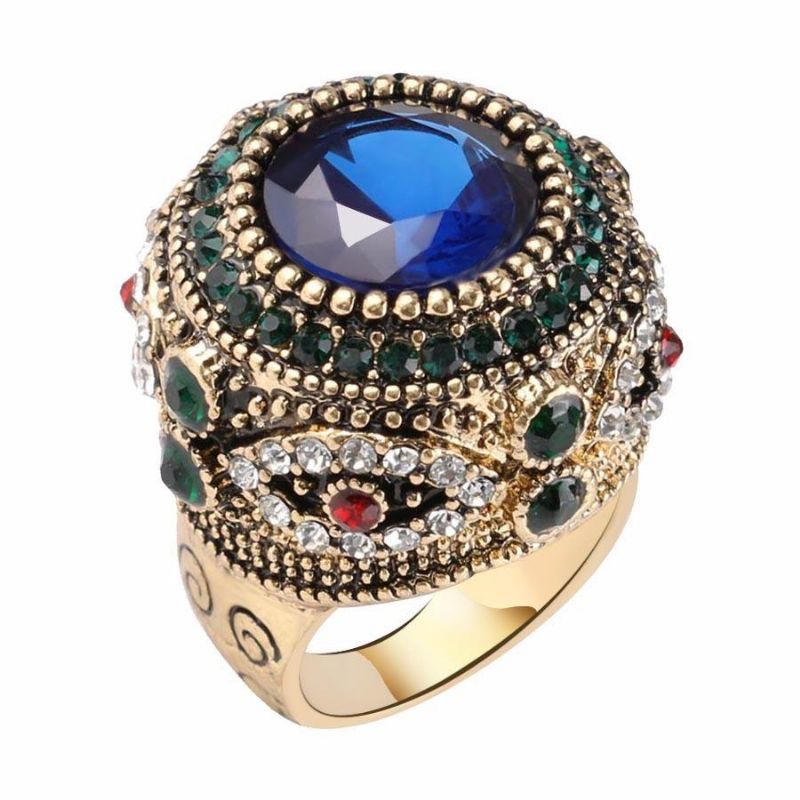 Anillos De Dedo De Diamantes De Imitación Azul Bohemio Joyería De Anillo Geométrico Redondo Chapado En Oro Étnico Para Mujer