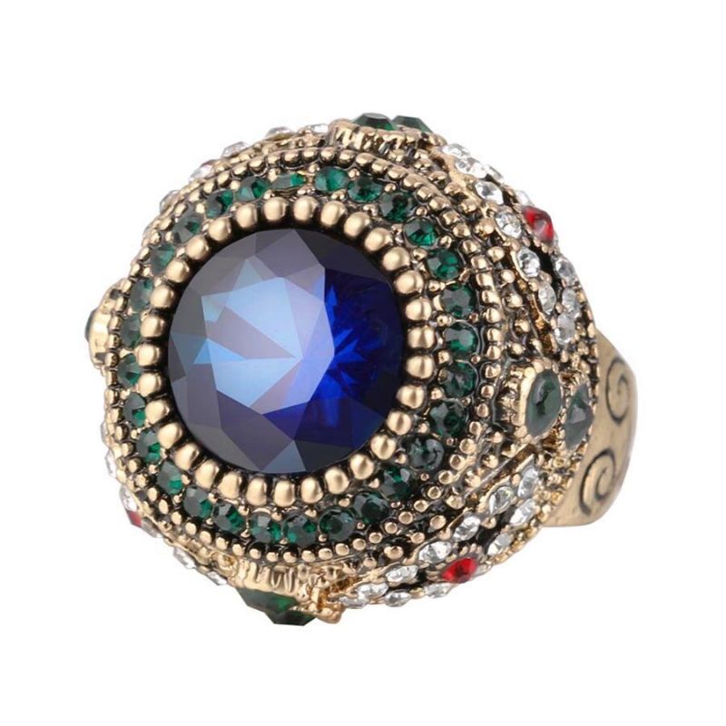 Anillos De Dedo De Diamantes De Imitación Azul Bohemio Joyería De Anillo Geométrico Redondo Chapado En Oro Étnico Para Mujer