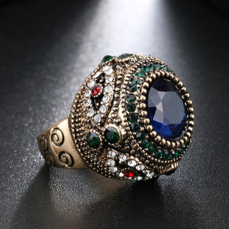 Anillos De Dedo De Diamantes De Imitación Azul Bohemio Joyería De Anillo Geométrico Redondo Chapado En Oro Étnico Para Mujer