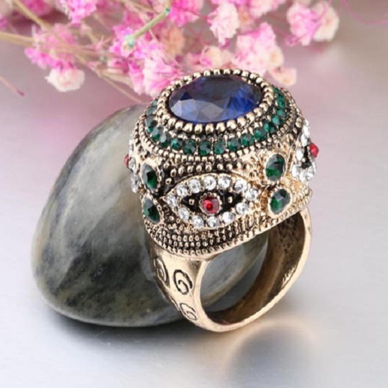 Anillos De Dedo De Diamantes De Imitación Azul Bohemio Joyería De Anillo Geométrico Redondo Chapado En Oro Étnico Para Mujer