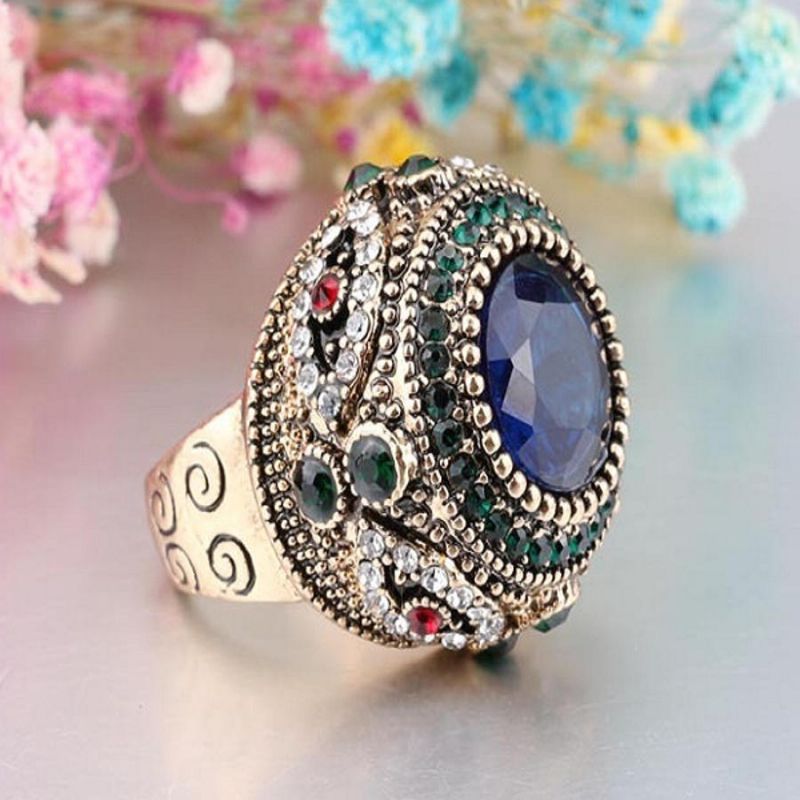 Anillos De Dedo De Diamantes De Imitación Azul Bohemio Joyería De Anillo Geométrico Redondo Chapado En Oro Étnico Para Mujer