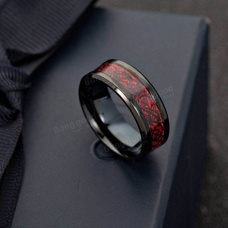 Anillos De Dedo De Fibra De Carbono Sólida Étnica Vintage Red Dragon Pattern Anillo De Dedo Joyería Para Hombres