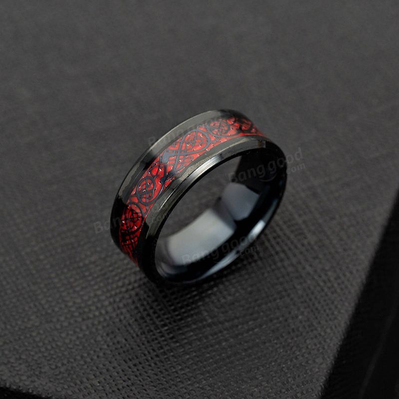 Anillos De Dedo De Fibra De Carbono Sólida Étnica Vintage Red Dragon Pattern Anillo De Dedo Joyería Para Hombres