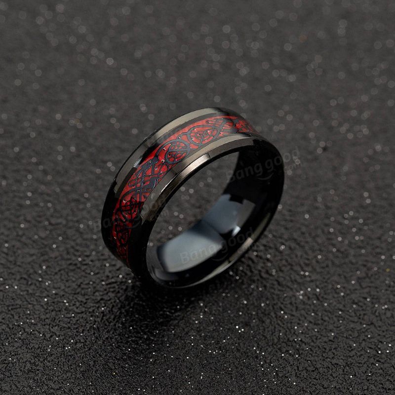 Anillos De Dedo De Fibra De Carbono Sólida Étnica Vintage Red Dragon Pattern Anillo De Dedo Joyería Para Hombres