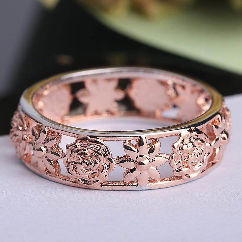 Anillos De Dedo De Flor De Oro Rosa Dulce Anillo De Compromiso Hueco De Moda Joyería De Boda Para Mujeres