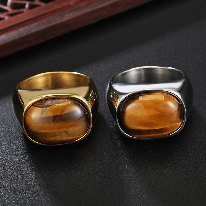 Anillos De Dedo De Piedra De Ojo De Tigre Retro Anillo De Acero De Titanio Para Hombres