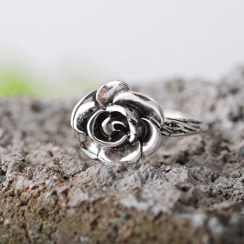 Anillos De Dedo De Plata Antigua Con Flor Dulce Elegante Anillo De Flor De Rosa Tallada Joyería Bonita Para Niñas Y Mujeres