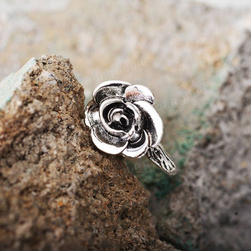 Anillos De Dedo De Plata Antigua Con Flor Dulce Elegante Anillo De Flor De Rosa Tallada Joyería Bonita Para Niñas Y Mujeres