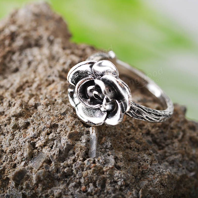 Anillos De Dedo De Plata Antigua Con Flor Dulce Elegante Anillo De Flor De Rosa Tallada Joyería Bonita Para Niñas Y Mujeres