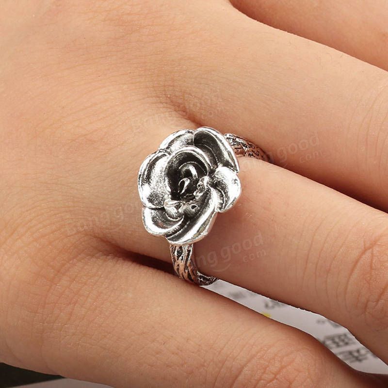 Anillos De Dedo De Plata Antigua Con Flor Dulce Elegante Anillo De Flor De Rosa Tallada Joyería Bonita Para Niñas Y Mujeres