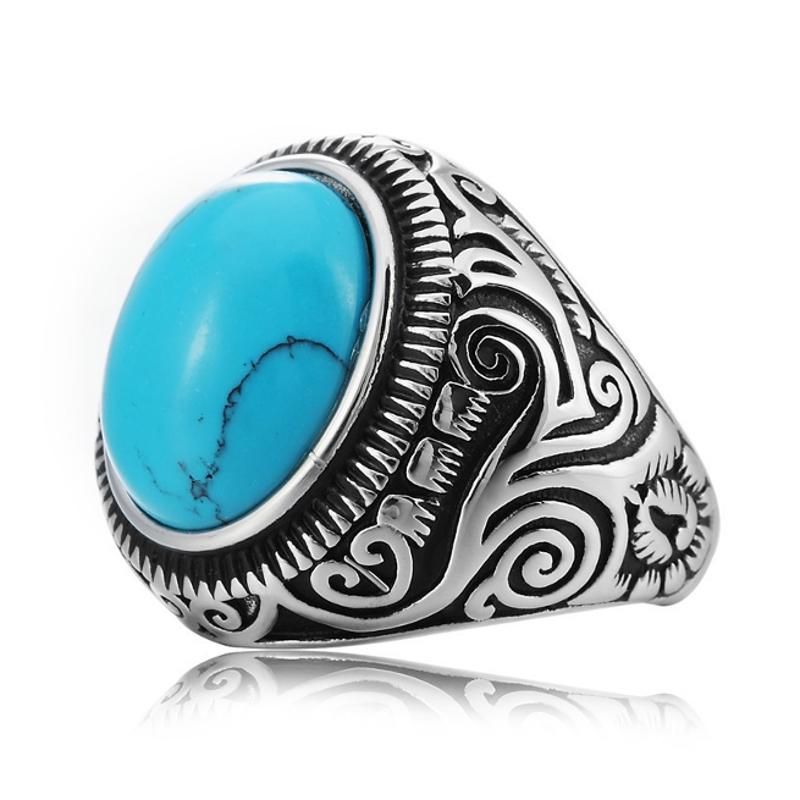 Anillos De Dedo De Turquesa Azul Negro Con Patrón Vintage Anillo De Hombre De Acero De Titanio Con Gema