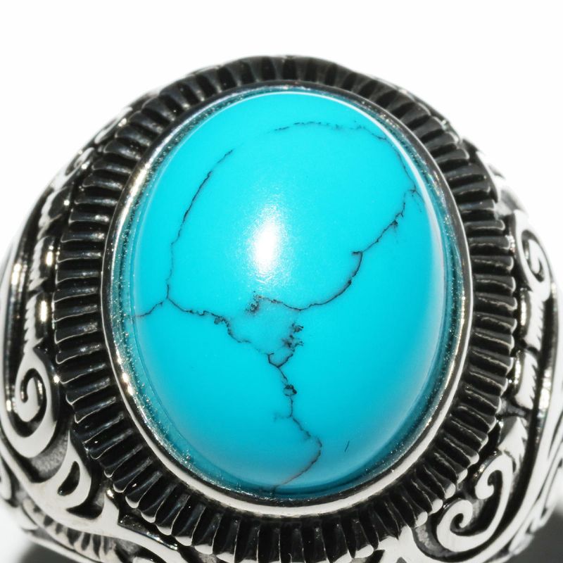 Anillos De Dedo De Turquesa Azul Negro Con Patrón Vintage Anillo De Hombre De Acero De Titanio Con Gema