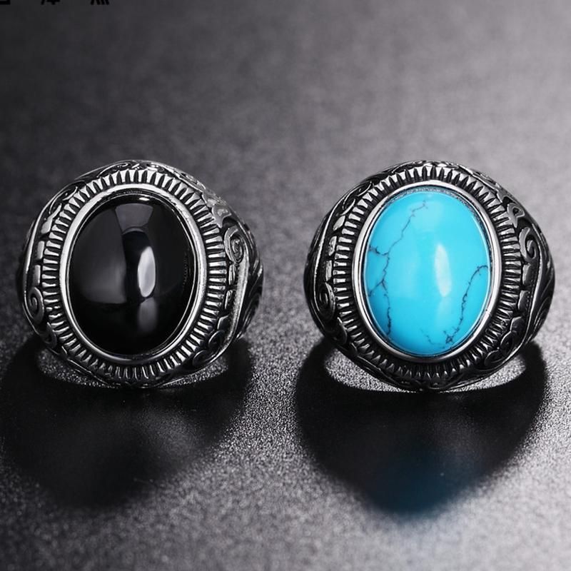 Anillos De Dedo De Turquesa Azul Negro Con Patrón Vintage Anillo De Hombre De Acero De Titanio Con Gema