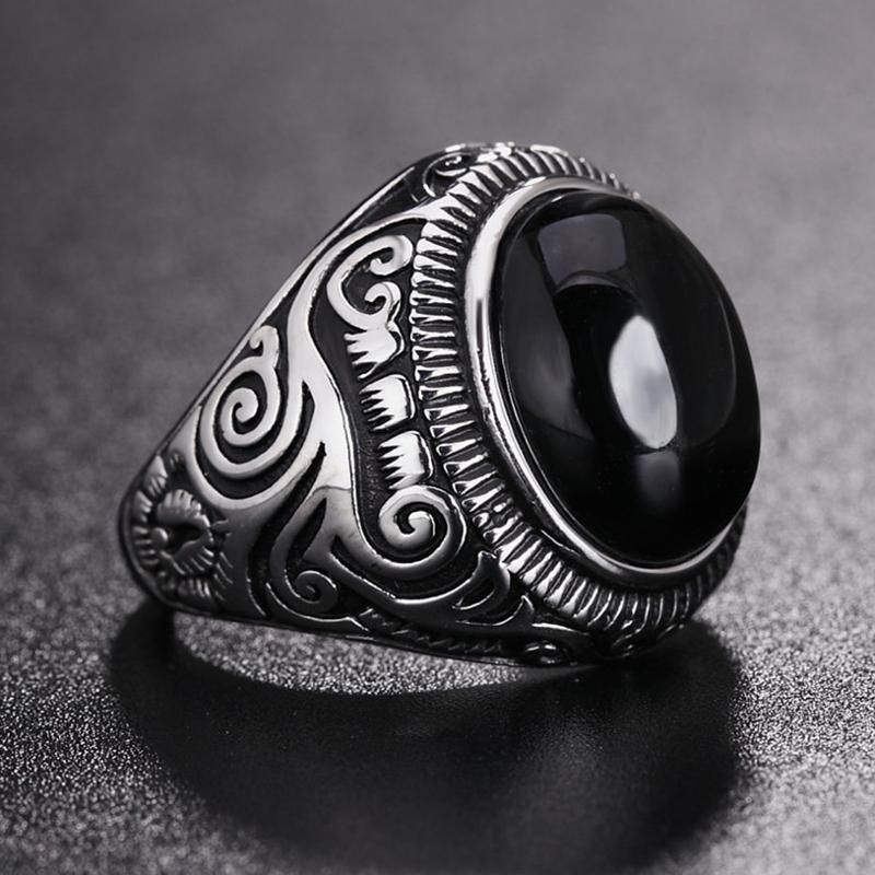 Anillos De Dedo De Turquesa Azul Negro Con Patrón Vintage Anillo De Hombre De Acero De Titanio Con Gema