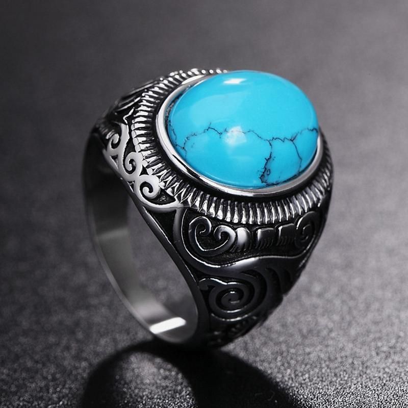 Anillos De Dedo De Turquesa Azul Negro Con Patrón Vintage Anillo De Hombre De Acero De Titanio Con Gema