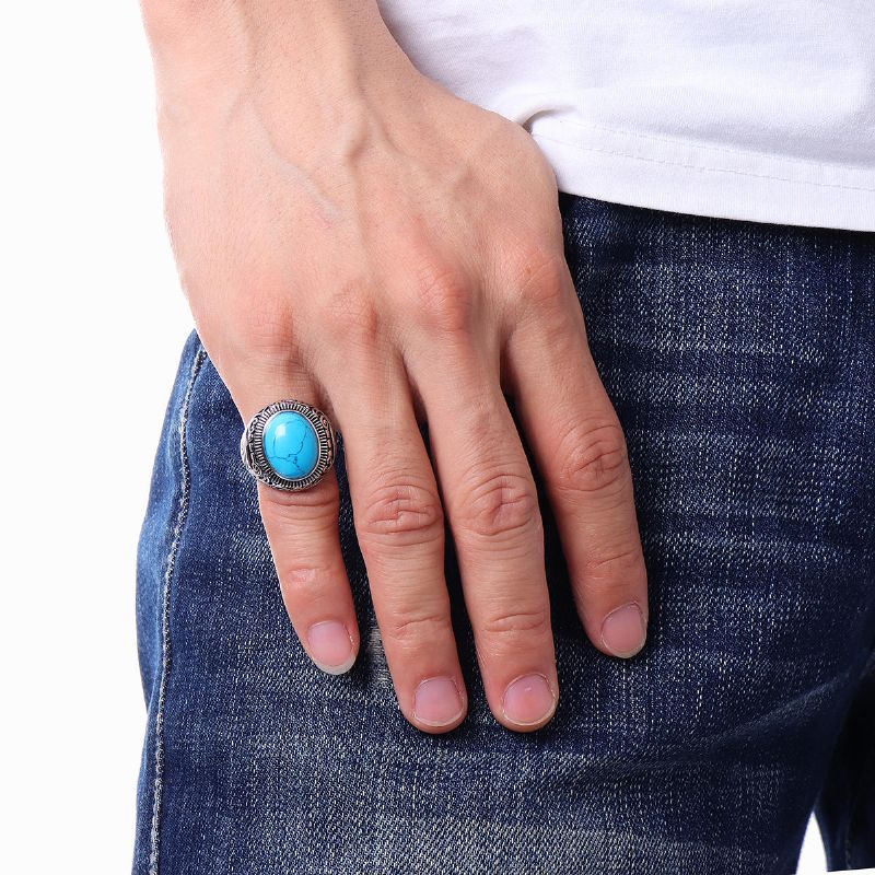 Anillos De Dedo De Turquesa Azul Negro Con Patrón Vintage Anillo De Hombre De Acero De Titanio Con Gema