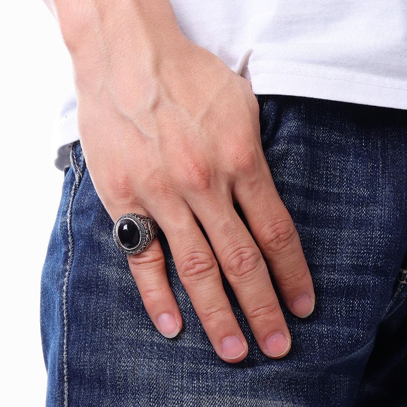 Anillos De Dedo De Turquesa Azul Negro Con Patrón Vintage Anillo De Hombre De Acero De Titanio Con Gema