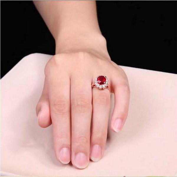 Elegante Anillo De Dedo De Cristal De Oro Rosa Esmeralda Vino Rojo Joyería De Mujer