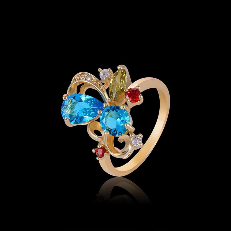 Elegante Gold-plateda Anillo De Dedo De Cristal Multicolor Con Forma De Cinta De Circón De Cobre Para Mujer