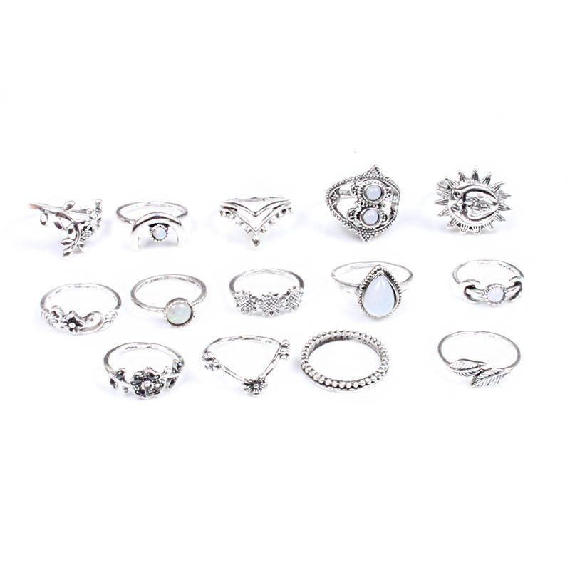 Fashion Sunflower Moon Sun Rings Set 14 Piezas Kit De Anillo De Diamantes De Imitación Para Mujer