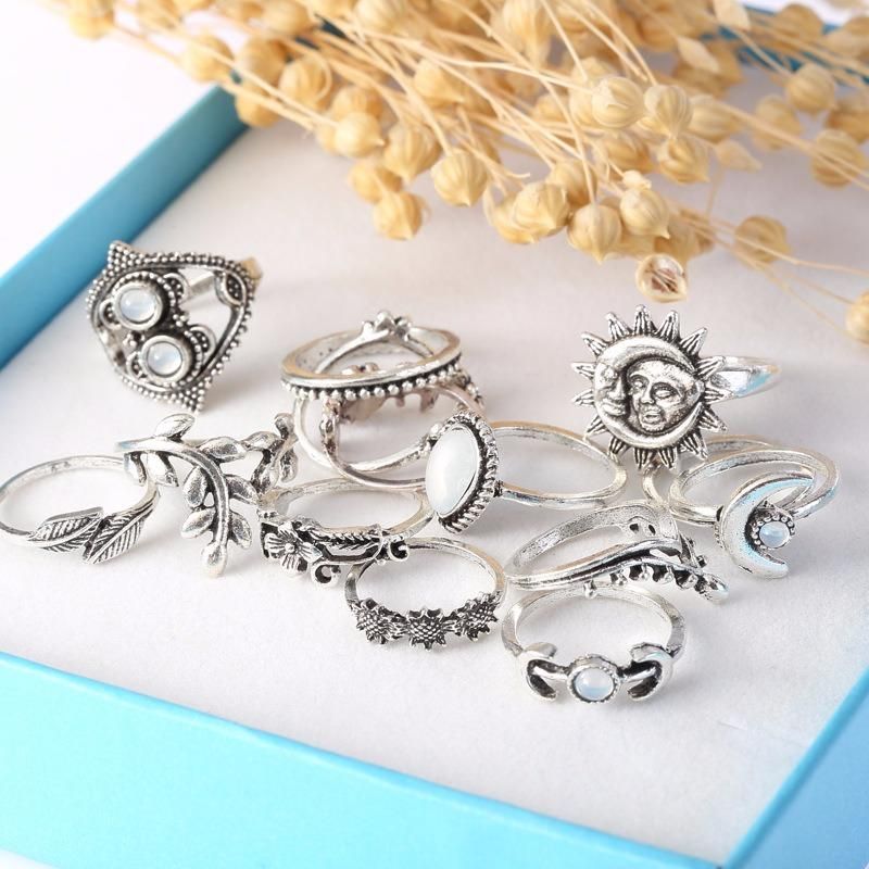 Fashion Sunflower Moon Sun Rings Set 14 Piezas Kit De Anillo De Diamantes De Imitación Para Mujer