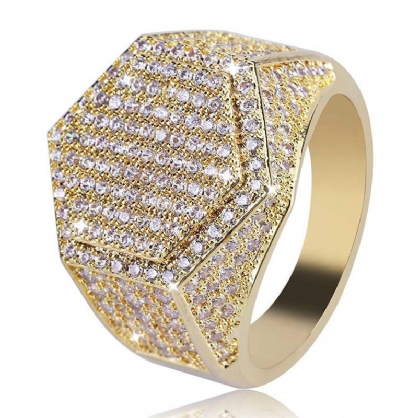 Gold Hip Hop Hexagon Finger Ring Micro Zircon Gemstone Anillos Chapados En Oro Y Plata Para Hombres