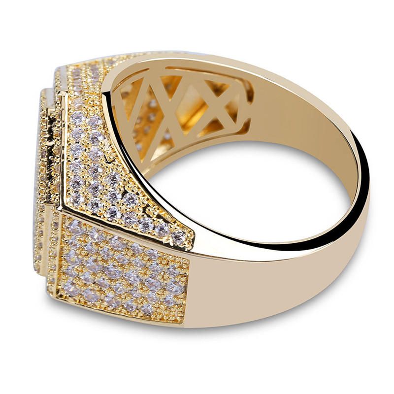 Gold Hip Hop Hexagon Finger Ring Micro Zircon Gemstone Anillos Chapados En Oro Y Plata Para Hombres