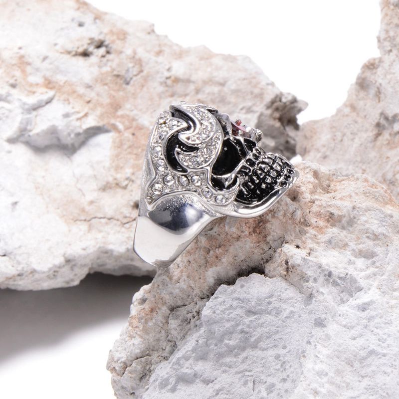 Joyería De Moda De Halloween Anillo De Circón Con Cabeza De Calavera De Acero Inoxidable Para Hombres