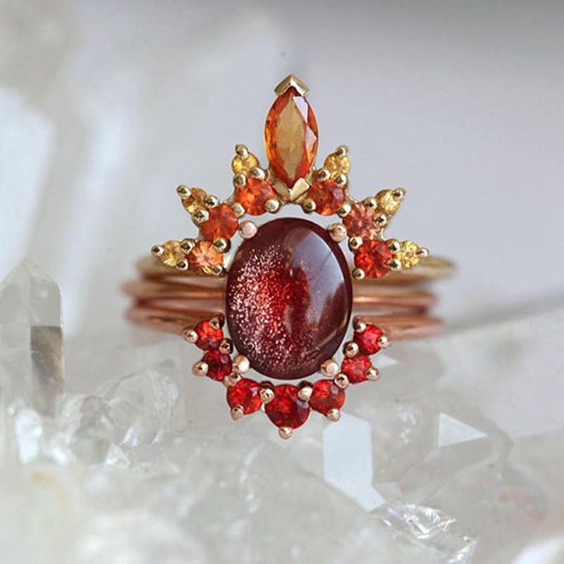 Juego De 3 Piezas Con Estilo Anillos Apilables Para Mujer Ruby Crystal Flower Charm Conjuntos De Anillos Bohemios Para Mujeres