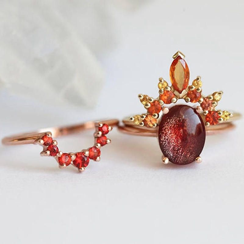 Juego De 3 Piezas Con Estilo Anillos Apilables Para Mujer Ruby Crystal Flower Charm Conjuntos De Anillos Bohemios Para Mujeres