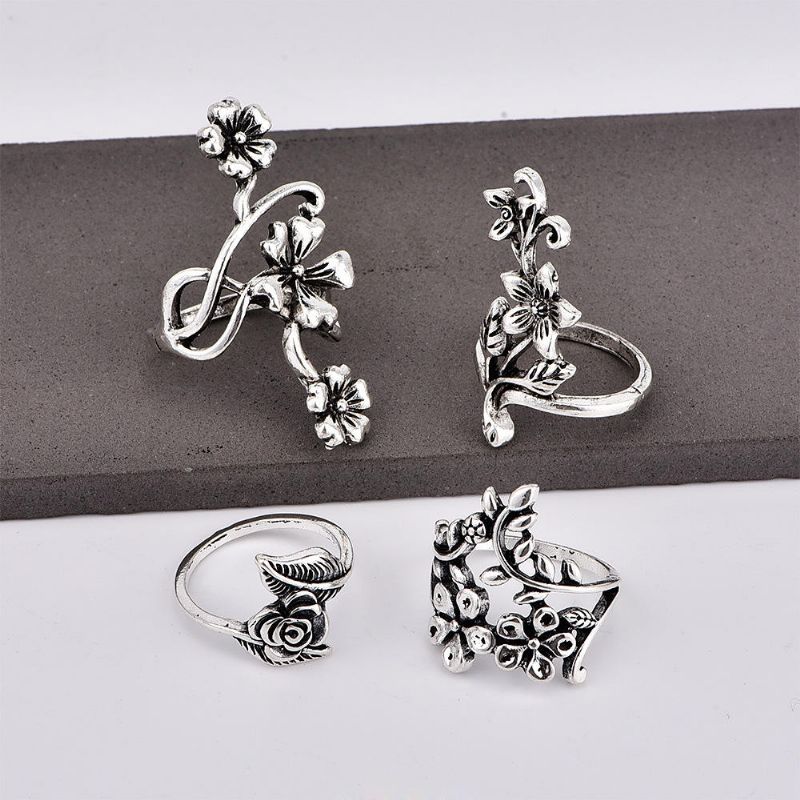 Juego De 4 Anillos Vintage De Flores Bohemias Anillos De Plata Juego De Anillos De Nudillos Punk Para Mujeres