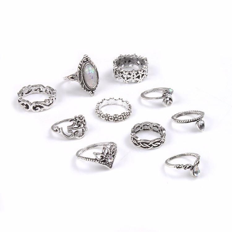 Juego De Anillos De Piedras Preciosas Talladas De Estilo Retro Juego De Anillos De Aleación De Astilla De 10 Piezas Anillos De Unión Para Mujeres