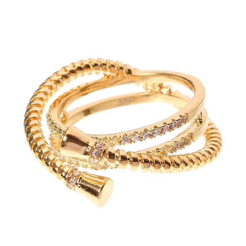 Lujo Sterling 24k Chapado En Oro Único Rosca De Tornillo Tres Anillos Superpuestos Redondos Joyería De Mujer