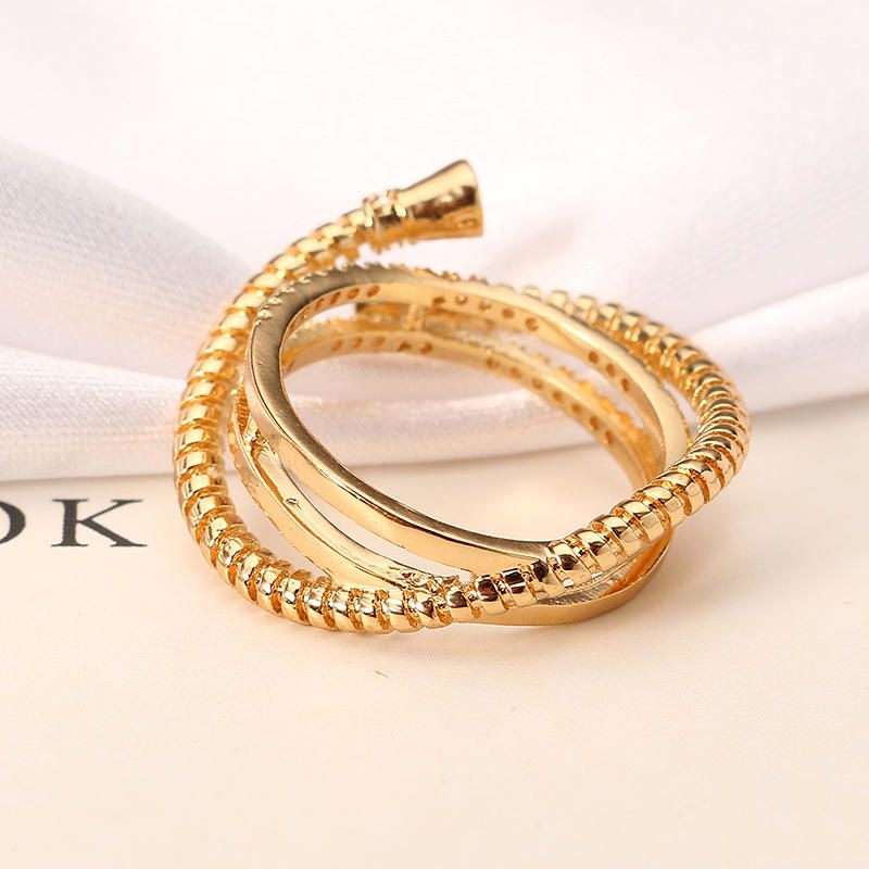 Lujo Sterling 24k Chapado En Oro Único Rosca De Tornillo Tres Anillos Superpuestos Redondos Joyería De Mujer