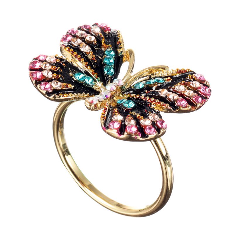 Moda Colorida Mariposa Anillo De Oro De 18 Quilates De Lujo Con Diamantes De Imitación Completos Que Abren Anillos Ajustables Para Mujeres