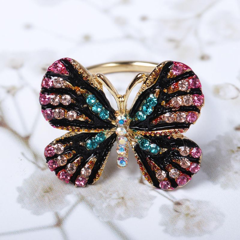 Moda Colorida Mariposa Anillo De Oro De 18 Quilates De Lujo Con Diamantes De Imitación Completos Que Abren Anillos Ajustables Para Mujeres