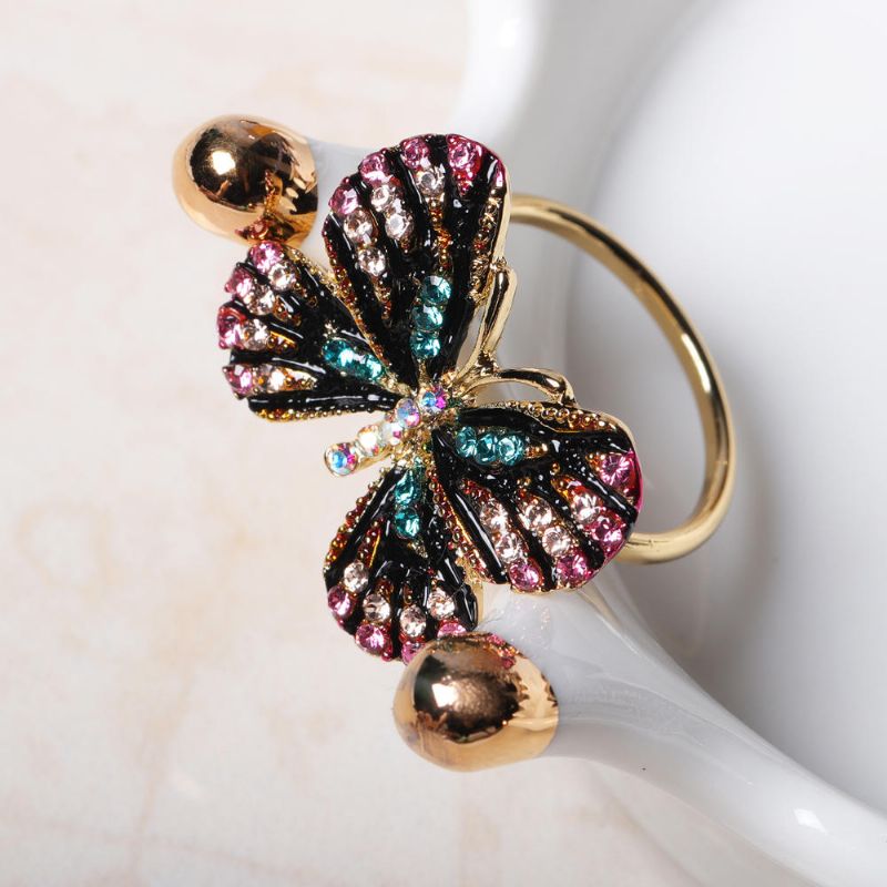 Moda Colorida Mariposa Anillo De Oro De 18 Quilates De Lujo Con Diamantes De Imitación Completos Que Abren Anillos Ajustables Para Mujeres