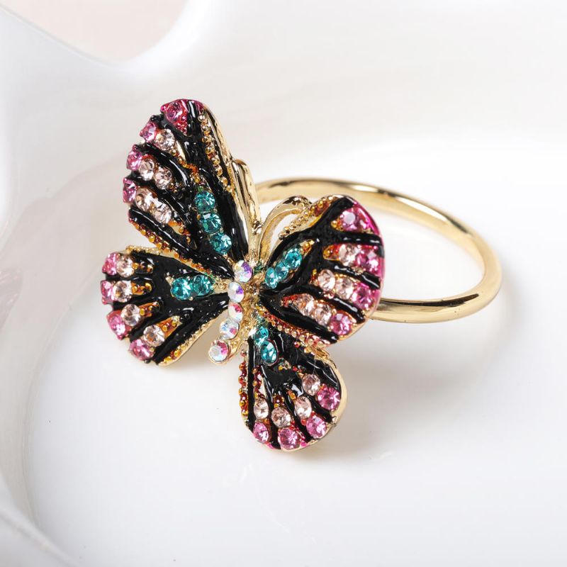 Moda Colorida Mariposa Anillo De Oro De 18 Quilates De Lujo Con Diamantes De Imitación Completos Que Abren Anillos Ajustables Para Mujeres