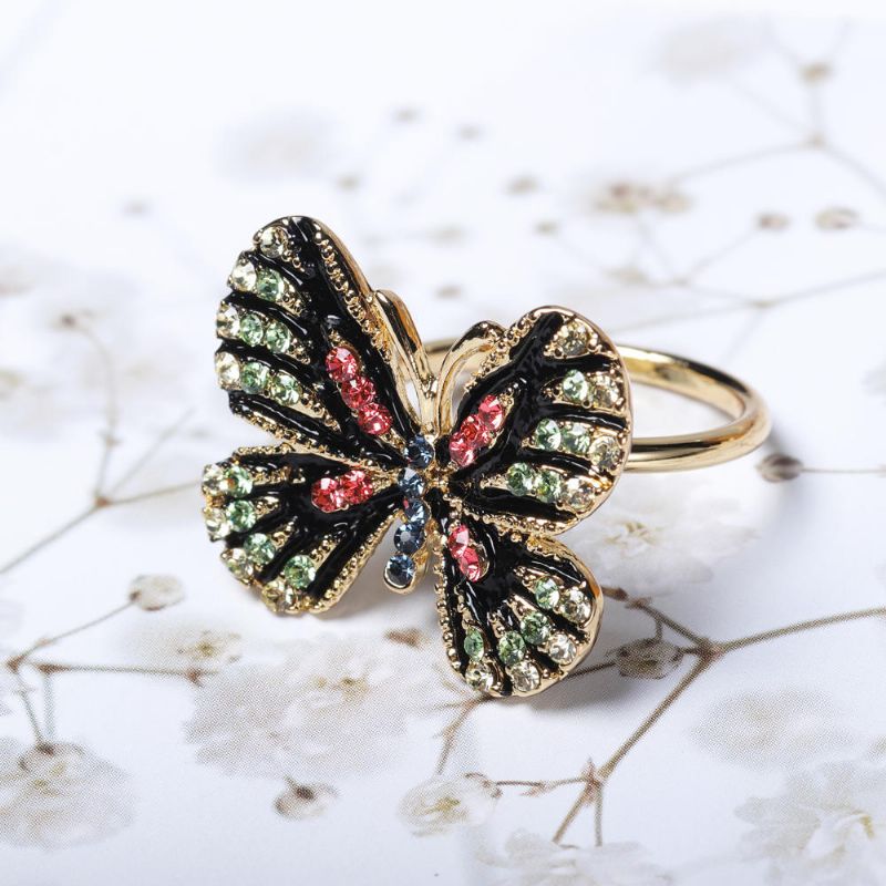 Moda Colorida Mariposa Anillo De Oro De 18 Quilates De Lujo Con Diamantes De Imitación Completos Que Abren Anillos Ajustables Para Mujeres