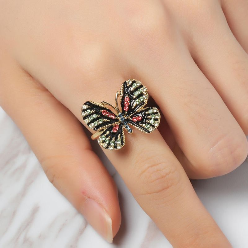 Moda Colorida Mariposa Anillo De Oro De 18 Quilates De Lujo Con Diamantes De Imitación Completos Que Abren Anillos Ajustables Para Mujeres