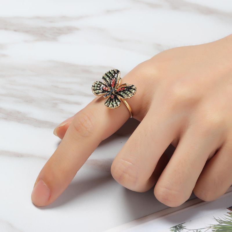 Moda Colorida Mariposa Anillo De Oro De 18 Quilates De Lujo Con Diamantes De Imitación Completos Que Abren Anillos Ajustables Para Mujeres