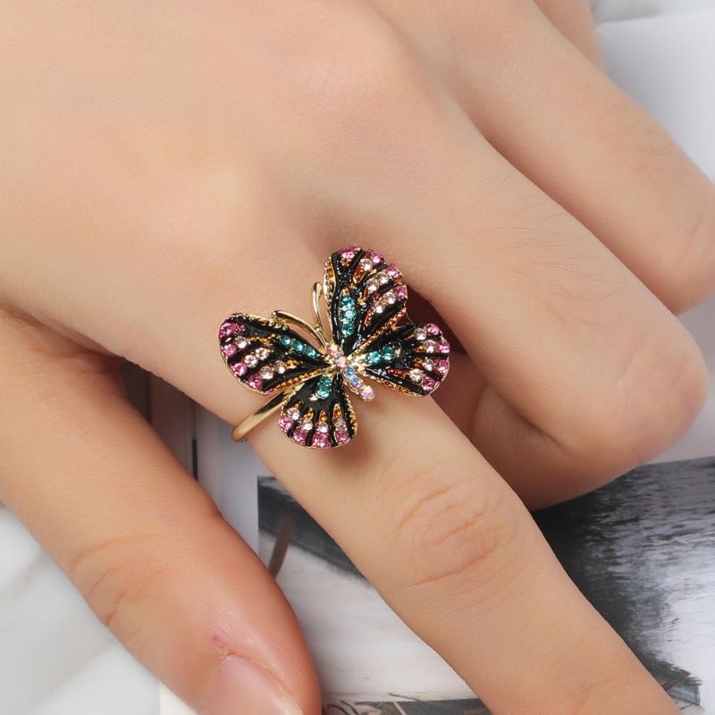 Moda Colorida Mariposa Anillo De Oro De 18 Quilates De Lujo Con Diamantes De Imitación Completos Que Abren Anillos Ajustables Para Mujeres