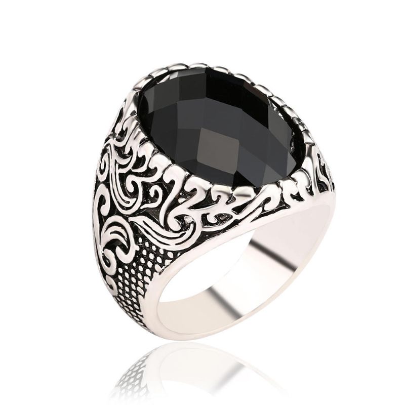 Retro Classic Black Gem Jewelry Exquisito Tallado Totem Geometry Anillo De Hombre