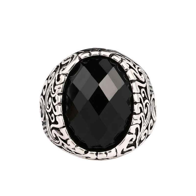 Retro Classic Black Gem Jewelry Exquisito Tallado Totem Geometry Anillo De Hombre