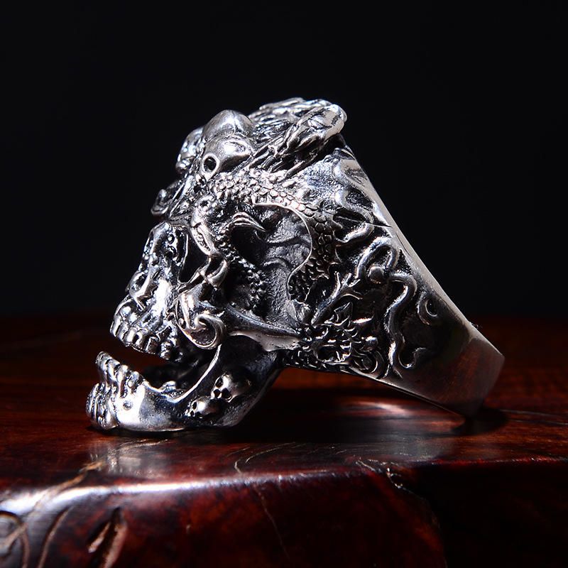 Retro Domineering Finger Faucet Hand Dragon Pattern Anillo De Calavera De Dragón Doble